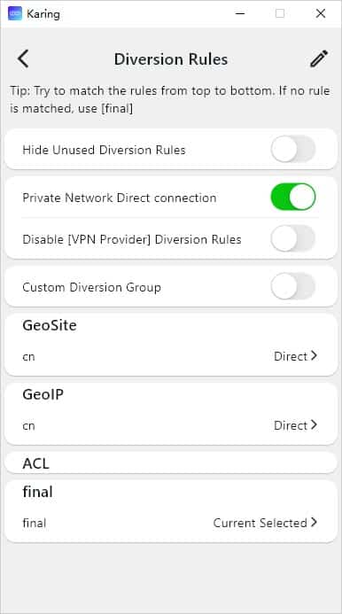 Karing Diversion Rules